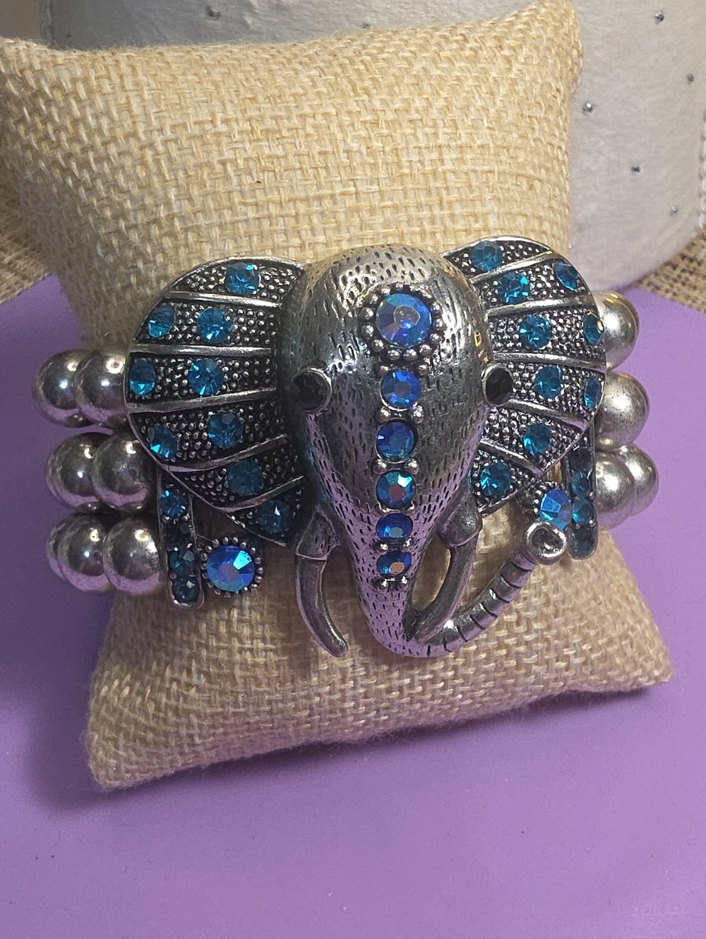 Silver Elephant Bracelet with Blue Crystal Accents